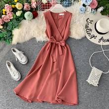 Lady Sleeveless Casual A-line Dress Women's High Waist Thin Slim V-neck Solid Color Party Clothes Vestidos J944 2024 - buy cheap