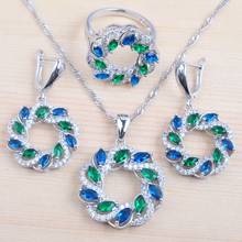 Conjunto de joias cor prata feminino impecável, joias verde & azul, colar de zircônia, anel e brincos qz0379 2024 - compre barato