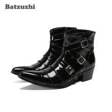 Batzuzhi botas masculinas de vaqueiro ocidental, botas de couro macio preto ponteagudo para homens, botas masculinas de motocicleta com fivela 2024 - compre barato