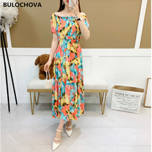 BULOCHOVA Drop Shipping Vintage Print Floral Women Slash Neck Casual Long Dress 2021 Newest Summer Elastic Waist Vestidos Femme 2024 - buy cheap