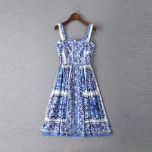 Qian Han Zi-vestido de diseñador para mujer, vestido Retro de porcelana blanca y azul de alta calidad, estampado con botones, tirantes finos, hasta la rodilla 2024 - compra barato