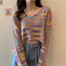 Sweater Women Spring Autumn Rainbow Tie Dye Knitted SweaterV Neck Irregular Short Slim Pullover Top Sweaters for Women Fashion