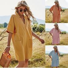 Pullover Half Sleeve Short Fashion Solid Dress Women Loose Pocket V Neck Elegant Dress For Women 2022 Summer Streetwear Dress 2024 - buy cheap