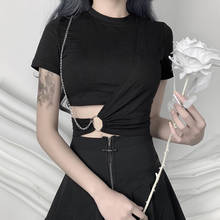 Ruibbit nova chegada gótico preto t-shirts mulheres harajuku punk camisetas gótico sexy oco para fora corrente de manga curta topos de colheita 2024 - compre barato