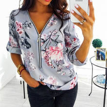 Spring Summer Blouse Shirt Women Floral Print  Womens Tops and Blouses Top Tee Casual V-Neck Ladies Zipper Loose 2024 - buy cheap