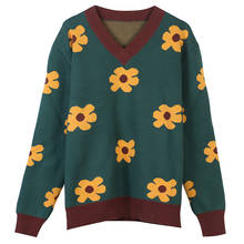 Jersey de punto verde de lujo de pasarela, Jersey de manga larga con cuello en V, bordado de flores, Top suelto de invierno, nuevo suéter Vintage de gran tamaño 2024 - compra barato