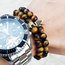 natural tiger eye stone beads crown bracelet set men bracelets for women pulseras pulseira jewellery couple armband accessories 2024 - buy cheap