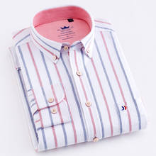 Camisa listrada oxford casual masculina 100% algodão, camisa de botão grosso confortável com bolso único e manga longa de encaixe padrão 2024 - compre barato