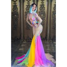 Colorful Mesh Tail Dress Women Sexy Stage Wear Stretch One-piece Rhinestone Long Dress Singer Evening Performance Party Dresses 2024 - buy cheap