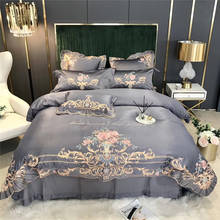 Juego de cama de lujo con bordado Floral para el hogar, funda de edredón doble de algodón satinado, de seda, color gris, estilo Palacio europeo 2024 - compra barato