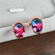 Brincos pequenos com zircônio gradiente oval azul roxo para mulheres, joias de luxo vintage da moda ouro rosa, brincos de pedra do arco-íris femininos 2024 - compre barato