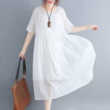 #3210 Summer Casual Two Piece Set White Cotton Linen Dress Women Loose Short Sleeve See Through Midi Dresses Ladies O-neck  2024 - buy cheap