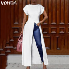 VONDA Women Summer Blouses 2022 Office Ladies Sexy Split Hem Shirts Casual Bohemian Blusas Femme Solid Color Short Sleeve Tops 2024 - buy cheap