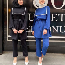Vestido musulmán turco Abaya de Dubái para mujer, caftán, ropa islámica, blusa larga, pantalones acampanados, conjunto de pantalones, bata Jilbab de fiesta, 2 piezas 2024 - compra barato