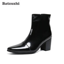 Ботинки Batzuzhi мужские кожаные, заостренный носок, высокий каблук 7 см, черные деловые кожаные ботильоны на молнии 2024 - купить недорого