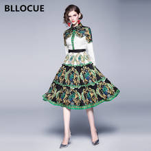 BLLOCUE Fashion Runway Flower Printed Dress 2020 Spring Women Elegant Long Sleeve Ruffles Cake Vintage Midi Dress 2024 - buy cheap