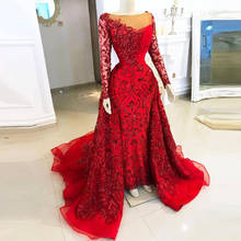 Dark Red Evening Dresses Mermaid Sheer Neck Long Sleeves Beads Appliques Plus Size Prom Dress African Dubai Formal Party Vestido 2024 - buy cheap