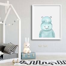 Aquarela bonito animal berçário arte da parede pintura em tela azul hipopótamo cartaz da arte impressão imagem do quarto dos miúdos decoração casa 2024 - compre barato