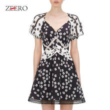 Runway 2020 auto retrato verão feminino floral impressão vestido de renda senhoras elegantes sexy pescoço quadrado preto bandagem mini vestidos de festa 2024 - compre barato