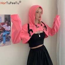 Sudadera con capucha para niña, Top corto de manga larga Harajuku, jersey de mezcla de algodón, prendas de vestir cortas, rosa y azul, verano y otoño, 2021 2024 - compra barato