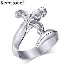 Kemstone Punk Stainless Steel Dagger Sword White Silver Color Ring Jewelry Gift for Men 2024 - compre barato