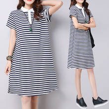 Vestidos Summer New Cotton Three Buckle Plus Size Women's Dress Korean Mid-length Striped Short Sleeve Loose Knit Dresses Z552 2024 - buy cheap