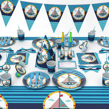 Морской тематический набор посуды для детей, украшения на день рождения, морские синие бумажные тарелки и стаканы, праздничные принадлежности для Парусников 2024 - купить недорого