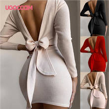UGOCCAM Women Dress Sexy Bow Backless O-Neck Tight Long Sleeve Halter Spaghetti Clubwear Bodycon Party Mini Dress Vestido Verano 2024 - buy cheap