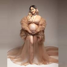 Champagne Ruffles Tiered Tulle Women Maternity Dresses For Photoshoot Puff Sleeves Sexy See Thru Long Women Robe Bridal Dress 2024 - buy cheap