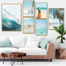 Pintura en lienzo de Mar, Playa, coche, árbol de coco, piña ondulada, carteles nórdicos e impresiones, imágenes de pared para decoración de sala de estar 2024 - compra barato