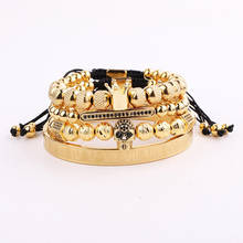 Alta qualidade joias masculinas ouro aço inoxidável pulseira romana cz caveira conjunto de bracelete de macramé 2024 - compre barato