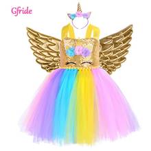 New Summer Gold Sequin Girls Unicorn Costume For Kids Pony Tutu Dress With Headband Wings Children Dress Up Theme Party Dress 2024 - buy cheap