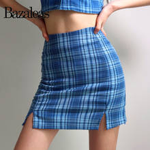 Bazaleas harajuku Blue plaid skirts womens Streetwear Slim Tartan Women A-line Skirt High Waist Split Short Mini Skirt 2024 - buy cheap