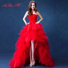 AXJFU красное розовое кружевное вечернее платье для свадьбы, вечернее платье без бретелек с коротким хвостом, с цветами и бусинами, 2130 2024 - купить недорого