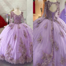 2021 Lavender Long Sleeves Quinceanera Dresses Floral Lace Beaded Crystal V-neck Keyhole Back Lace-up Ball Gown Prom Sweet 16 2024 - buy cheap