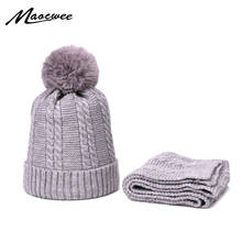 Winter Autumn Children Hat And Scarf Set With Faux Fur PomPons Outdoor Thick Windproof Knitted Cute Beanies With Lining For Kids 2024 - buy cheap