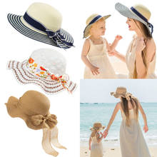 Chapéu de praia infantil feminino, chapéu com aba larga de palha estilo panamá para pais e filhos, proteção uv para o feriado da praia 2024 - compre barato