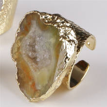 Amuleto geodo cristal champanhe bege amarelo drusa pedra de cristal amuleto ajustável aberto martelado anel de ouro para mulher 2024 - compre barato