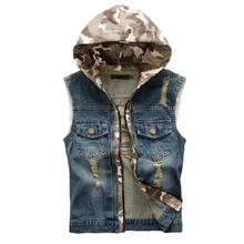 Men Denim Waistcoat Holes Vest  Men's Camouflage Vest Warm Sleeveless Hooded Cotton Cowboy Vest 2024 - buy cheap