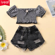 IYEAL Children Toddler Baby Girl Clothes Off Shoulder Tube Top T- Shirt and Hole Jeans Shorts Summer Outfits for 1-8 Years 2024 - buy cheap