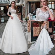 Vestido de cetim transparente, requintado, corpete meia manga, linha a, casamento com apliques de renda frisada e cinto 2024 - compre barato