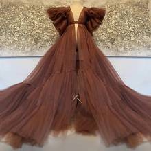 Brown Chocolate Sexy Bridal Maternity Dress For Photo Shoot Short Sleeve Sheer Bridal Robe Tulle Dress Front Slit Tulle Robes 2024 - buy cheap