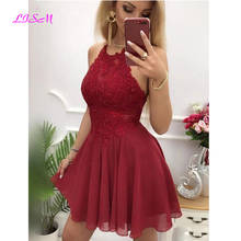 Burgundy Lace Beaded Straps Short Homecoming Dress Halter Neck Chiffon Skirt Backless Sexy Mini Cocktail Dress Prom Gowns 2024 - buy cheap