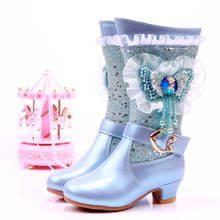 Disney-botas de nieve de tacón alto de tubo largo para niños, zapatos gruesos y cálidos de algodón con lentejuelas de princesa Elsa de Frozen, con lazo 2024 - compra barato