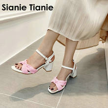 Sianie Tianie-zapatos de tacón alto grueso para mujer, sandalias de Punta abierta con lazo, color gris, talla grande 33 45 46 2024 - compra barato