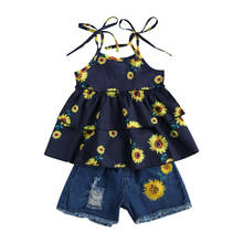 Adorable conjunto de ropa de moda para niños y niñas, Top sin mangas con estampado de girasol y volantes en capas, pantalones cortos vaqueros con bordado de flores 2024 - compra barato