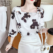 Square Collar Silk Blouse Fashion Floral Print Blouses Women Tops Temperament Clothes Summer Three Quarter Sleeve Blouse 14287 2024 - buy cheap