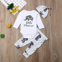 Conjuntos de roupas infantis de algodão para bebê recém-nascido com estampa de elefante, 3 pçs 0 a 24 meses, body de manga comprida, calças, chapéu 2024 - compre barato