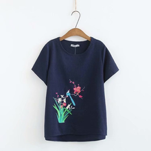 Camiseta feminina grande com gola redonda, plus size, decote redondo, manga curta, bordado, casual 2024 - compre barato