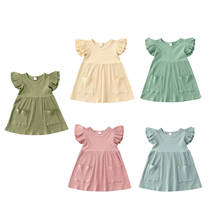 1-4Y Kid Baby Girls Cute Dress Solid Ruffles Sleeve Pocket Knee Length A-Line Dress 2024 - buy cheap